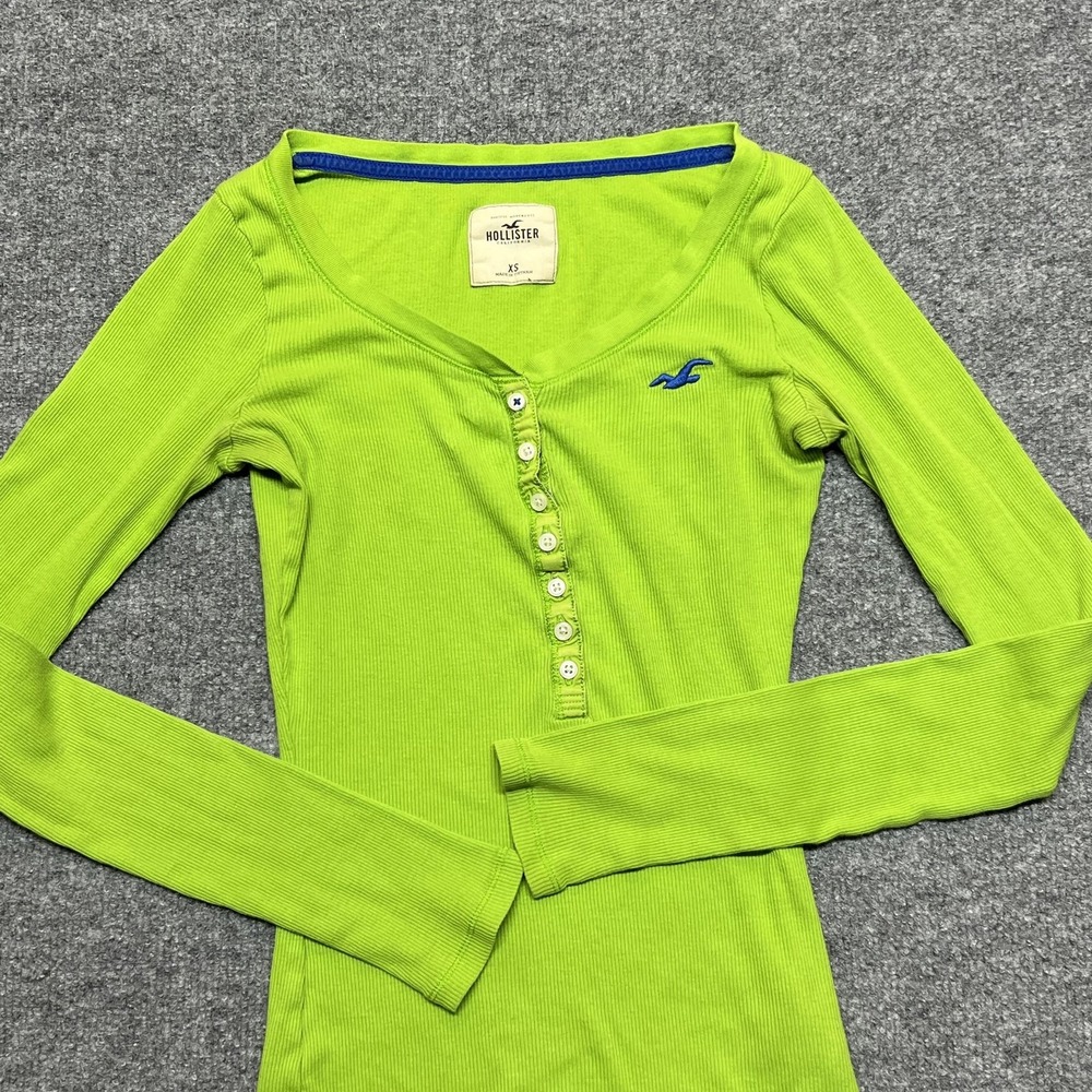 Hollister Shirt Juniors XS Green Rib Knit Henley Long Sleeve Stretch Tee Casual